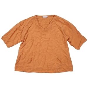 Bryn Walker Judy Linen Shirt Size Small Orange V-Neck 3/4 Sleeve Kangaroo Pocket